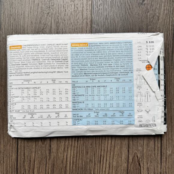 UNCUT Vintage 1990s Butterick 4167 Sewing Pattern Girls 4T-6T Coat Cape Muff Hat - Picture 2 of 3
